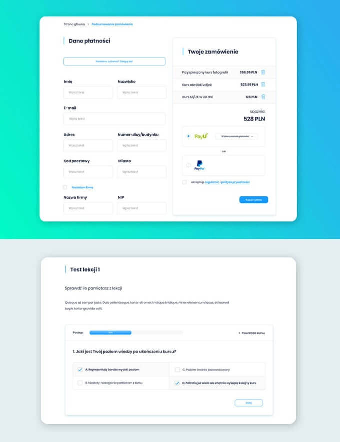 Projekt aplikacji internetowej, system sprzedaży kursów online. Test z lekcji oraz widok płatności.
