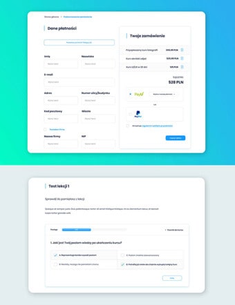 Projekt aplikacji internetowej, system sprzedaży kursów online. Test z lekcji oraz widok płatności.