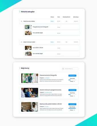 Projekt aplikacji internetowej, system sprzedaży kursów online. Widok listy kursów.